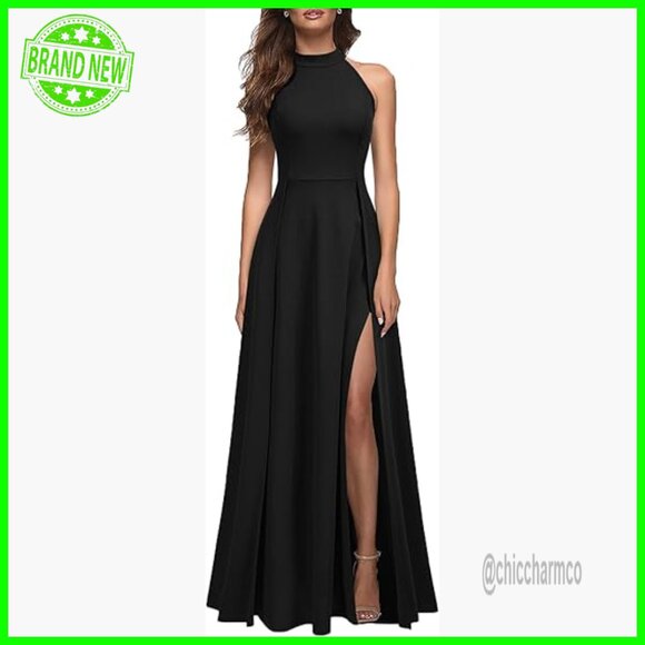 Dresses & Skirts - Halter Neck Maxi Dress with High Waist and Side Split for Formal Events